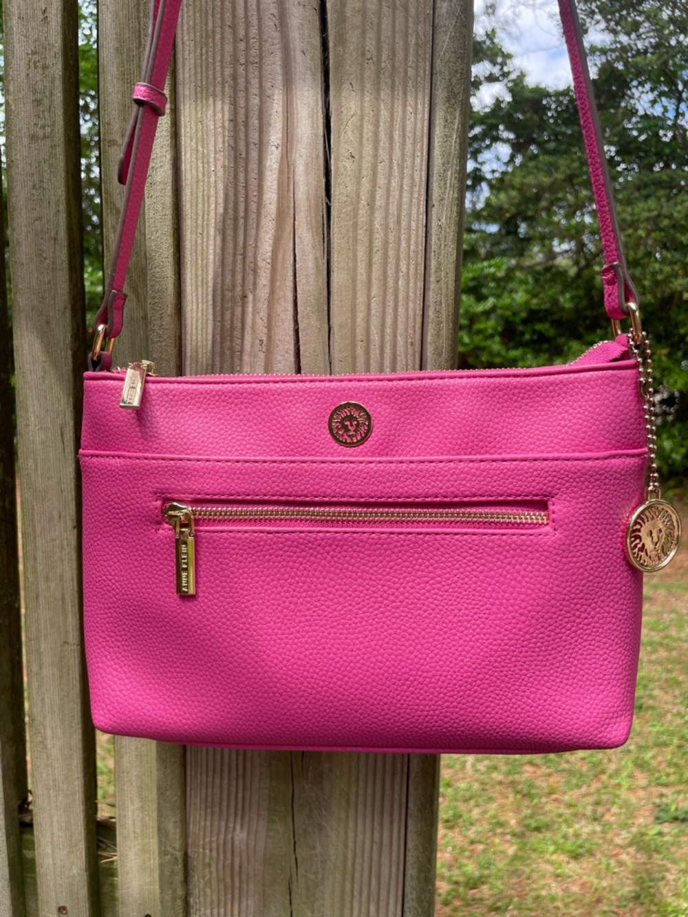 Anne Klein Hot Pink Pebbled Leather Crossbody with Gold-Tone Logo - Picture 3 of 12